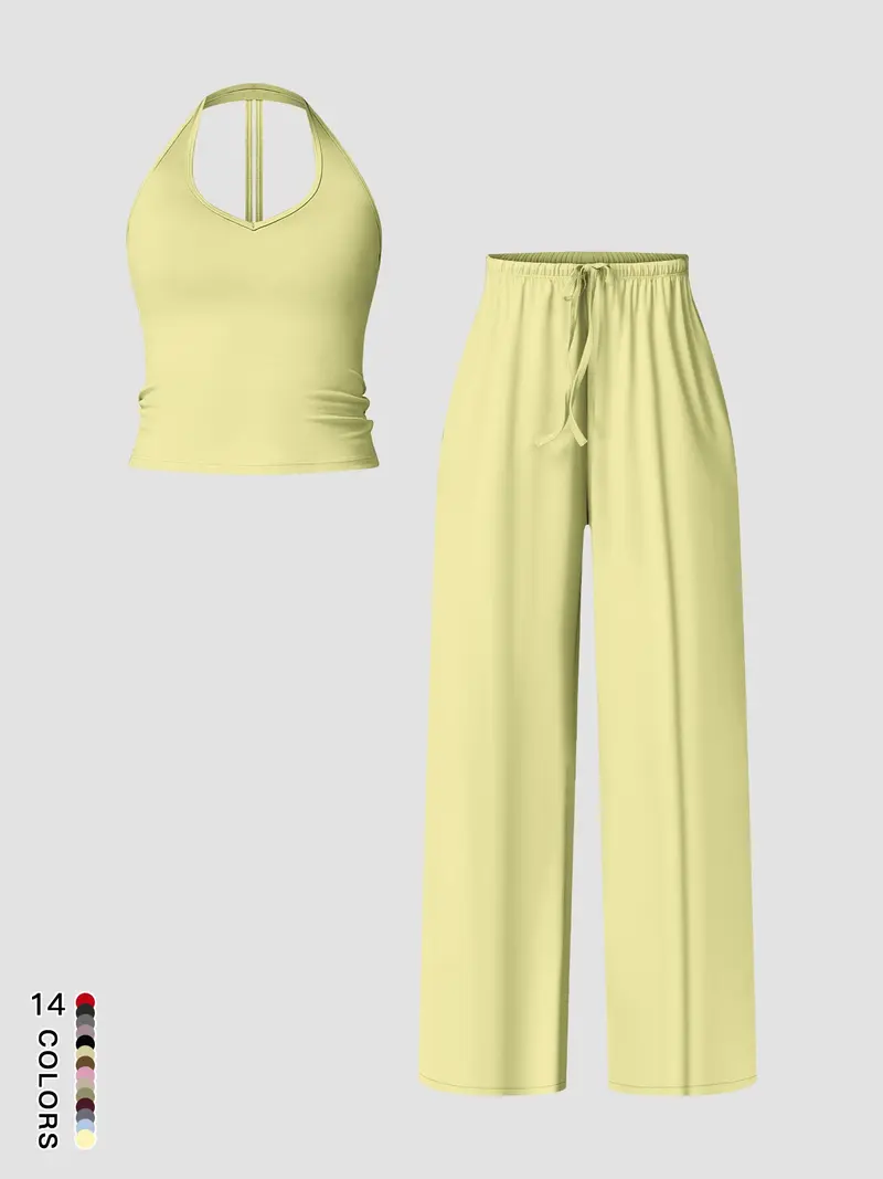Women's Quick-Dry Sports Tank Top, Casual High-Waisted Bell Bottoms, Comfortable Sporty, Workout Sets, All-Season Plain Style
