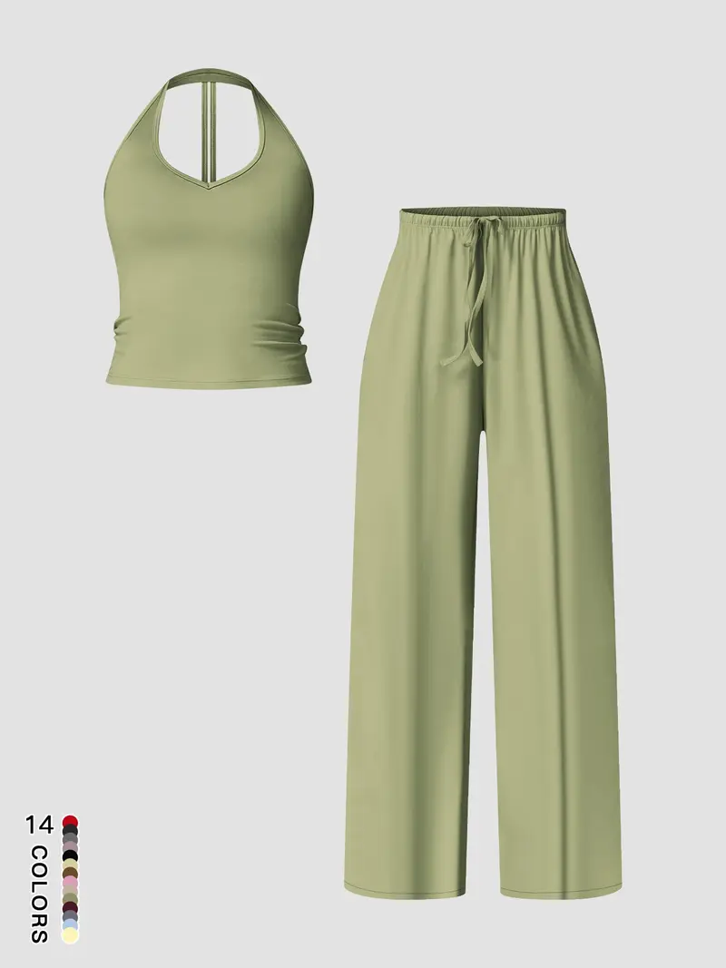 Women's Quick-Dry Sports Tank Top, Casual High-Waisted Bell Bottoms, Comfortable Sporty, Workout Sets, All-Season Plain Style