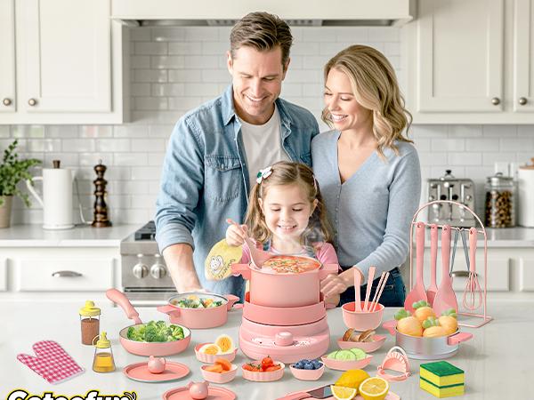 Kids Cooking Sets Real Pink Play Mini Kitchen, Safe Real Food Making Knife Set for Children 8-12 &mdash; Montessori Toy, Valentine&rsquo;s Day Gift Ideas for Kids