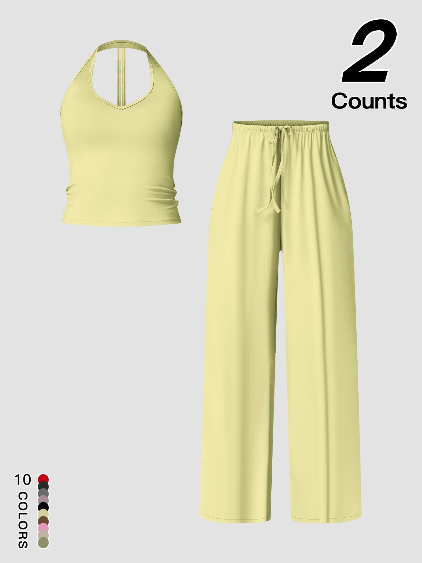Women's Quick-Dry Sports Tank Top, Casual High-Waisted Bell Bottoms, Comfortable Sporty, Workout Sets, All-Season Plain Style