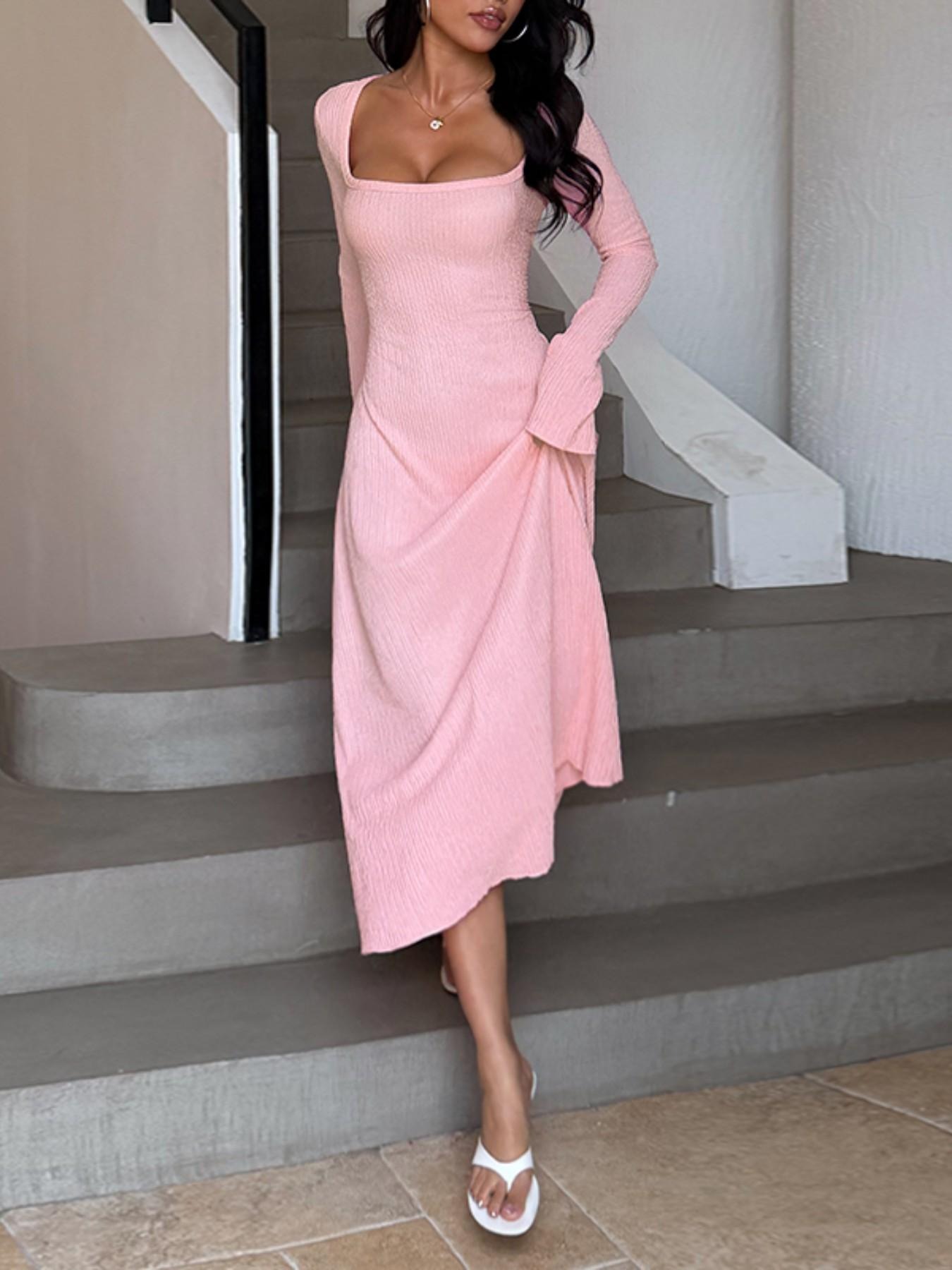 Women's Plain Lace Up Tie Back Flounce Sleeve Dress, 1 Count Chic Elegant Square Neck Long Sleeve A Line Dress for Formal Party Holiday Wedding Guest, Ladies Spring&Fall Clothes