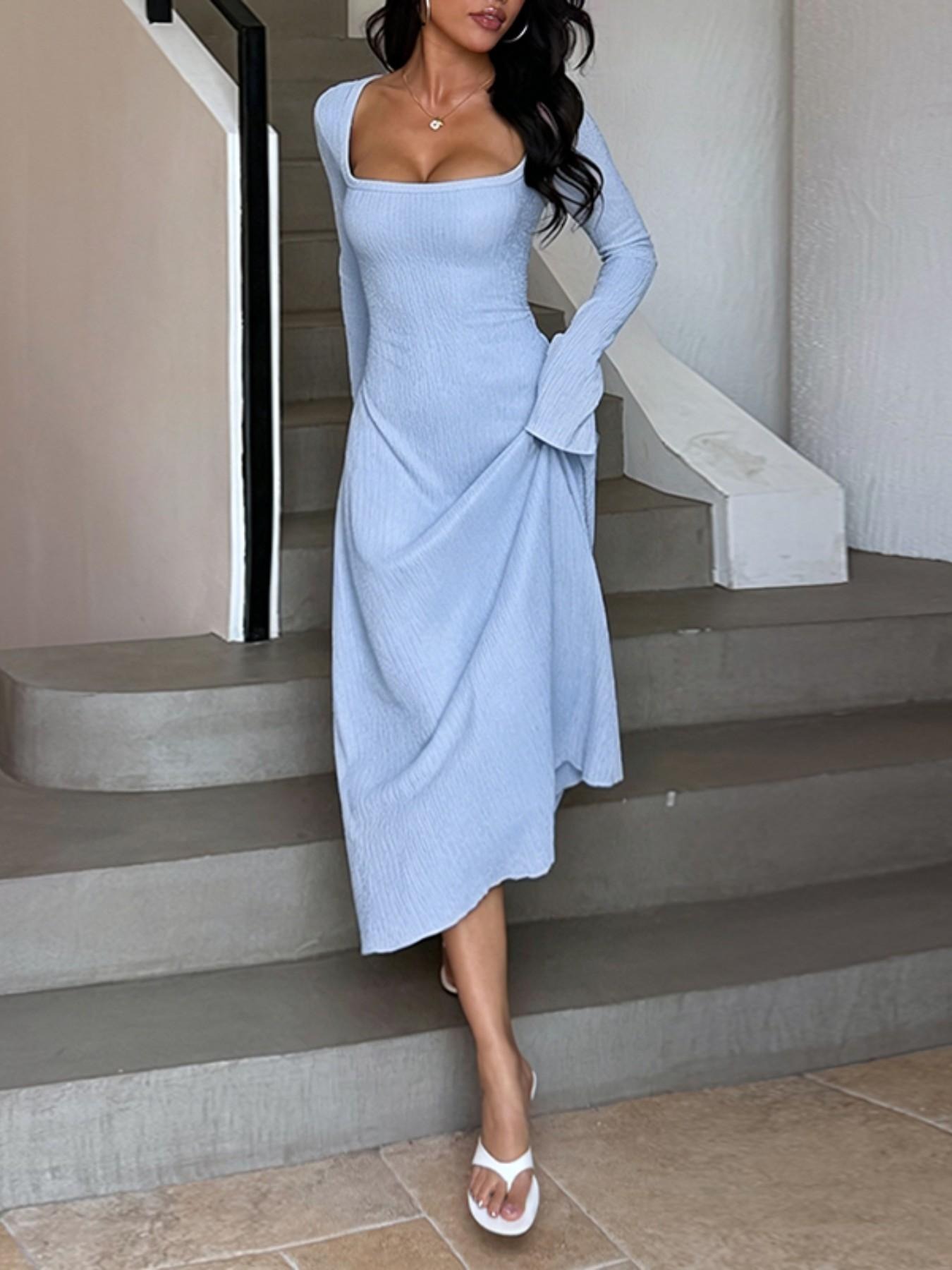 Women's Plain Lace Up Tie Back Flounce Sleeve Dress, 1 Count Chic Elegant Square Neck Long Sleeve A Line Dress for Formal Party Holiday Wedding Guest, Ladies Spring&Fall Clothes