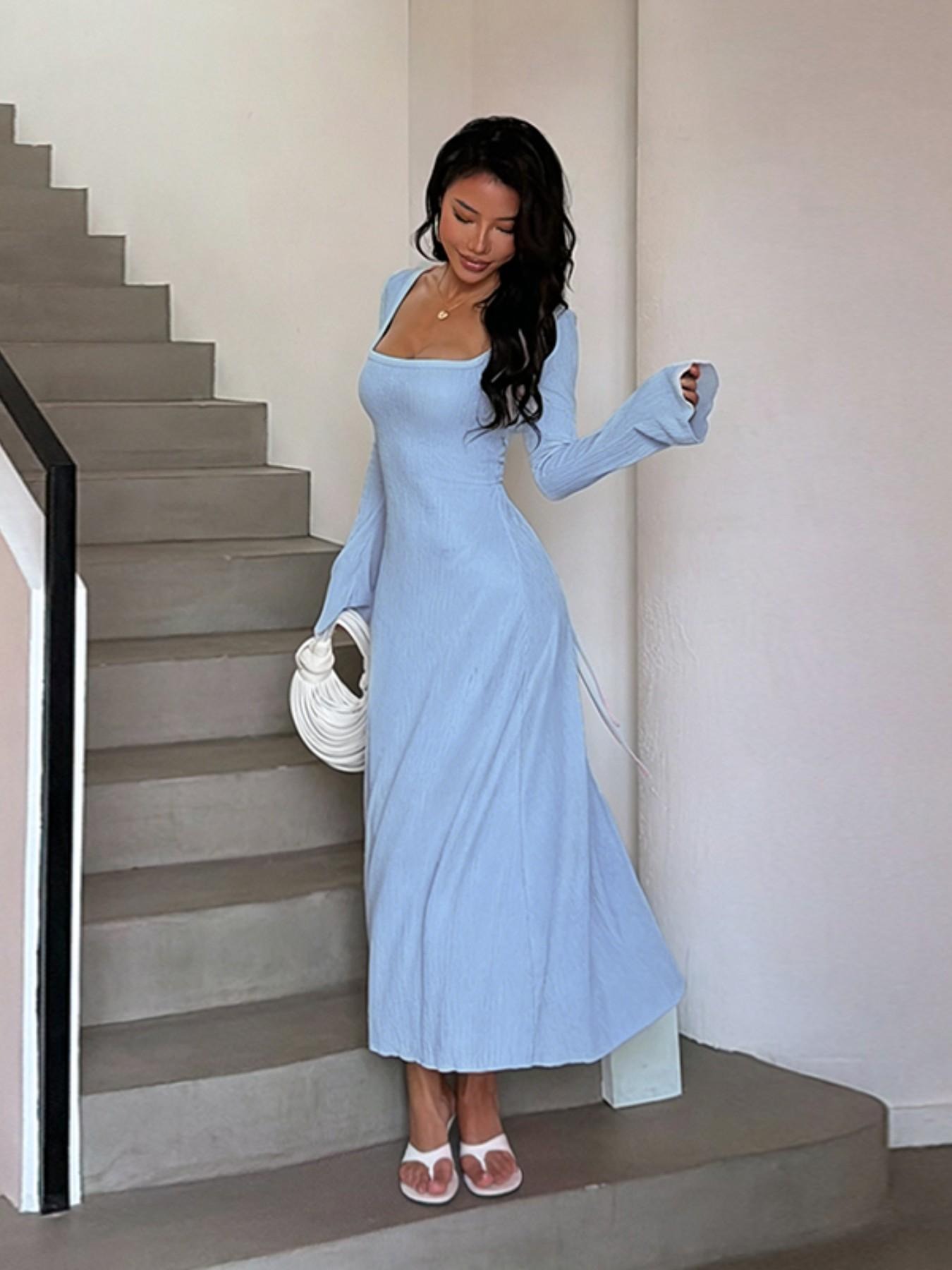 Women's Plain Lace Up Tie Back Flounce Sleeve Dress, 1 Count Chic Elegant Square Neck Long Sleeve A Line Dress for Formal Party Holiday Wedding Guest, Ladies Spring&Fall Clothes