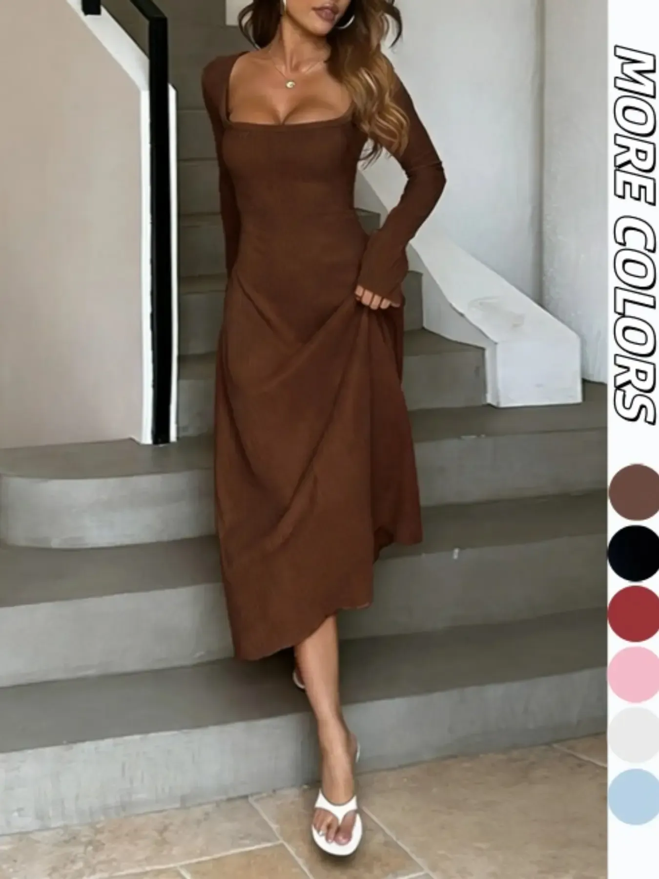 Women's Plain Lace Up Tie Back Flounce Sleeve Dress, 1 Count Chic Elegant Square Neck Long Sleeve A Line Dress for Formal Party Holiday Wedding Guest, Ladies Spring&Fall Clothes