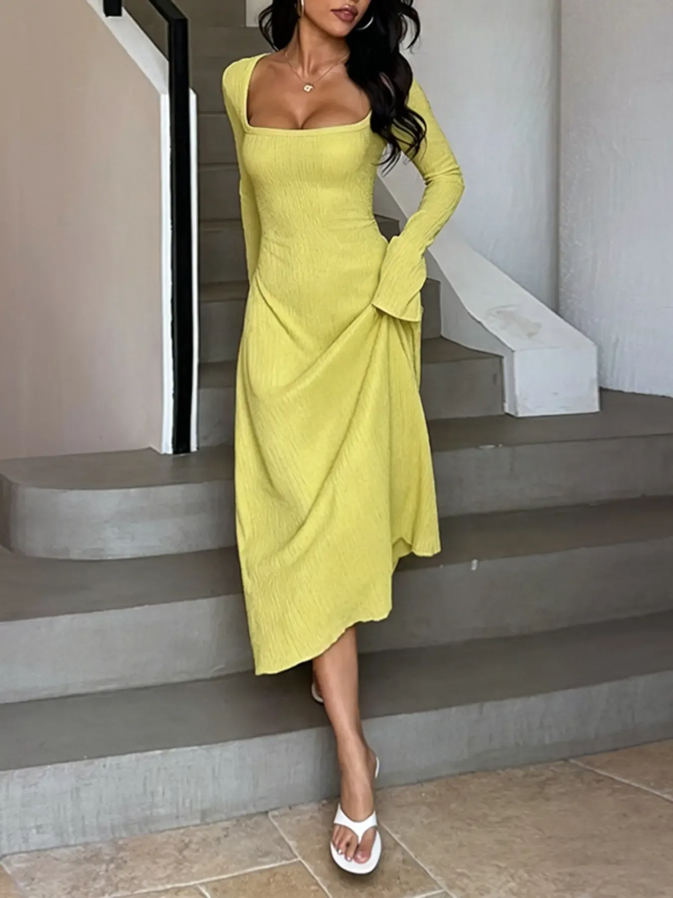 Women's Plain Lace Up Tie Back Flounce Sleeve Dress, 1 Count Chic Elegant Square Neck Long Sleeve A Line Dress for Formal Party Holiday Wedding Guest, Ladies Spring&Fall Clothes