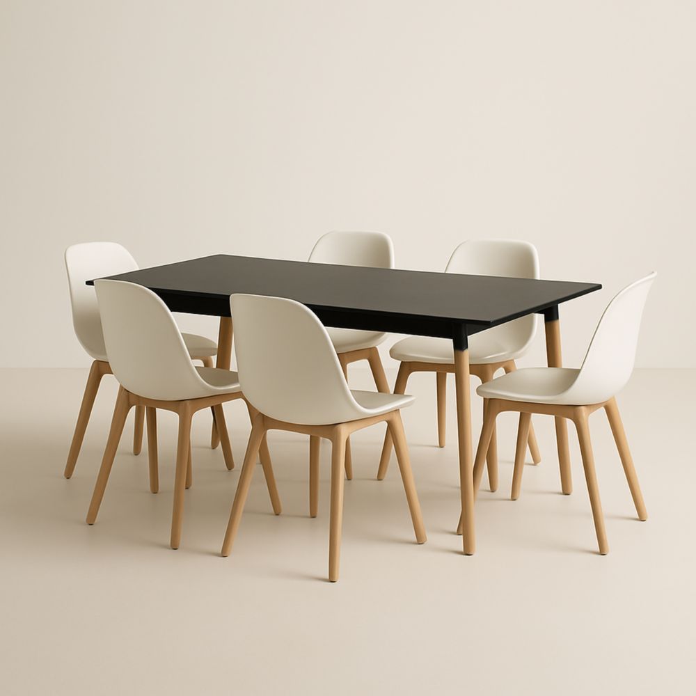 Table à manger rectangulaire noire avec 6 chaises en bois et plastique
