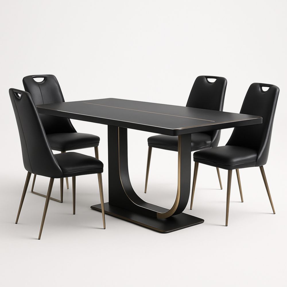 Table à manger rectangulaire en MDF noir avec 4 chaises en cuir synthétique noir