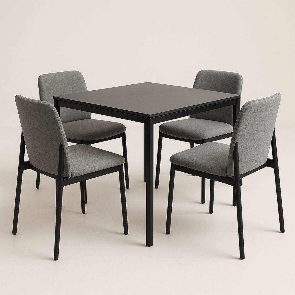 Ensemble Table Carrée en Métal Noir avec 4 Chaises en Tissu Gris