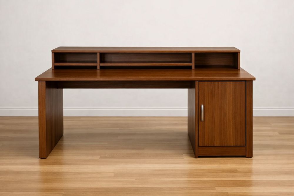 Bureau en panneaux de particules avec étagères et porte de rangement, marron