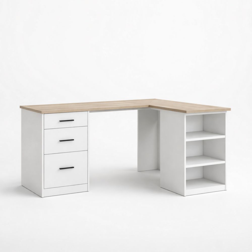 Bureau d'angle en L en chêne blanc avec 3 tiroirs et 3 étagères