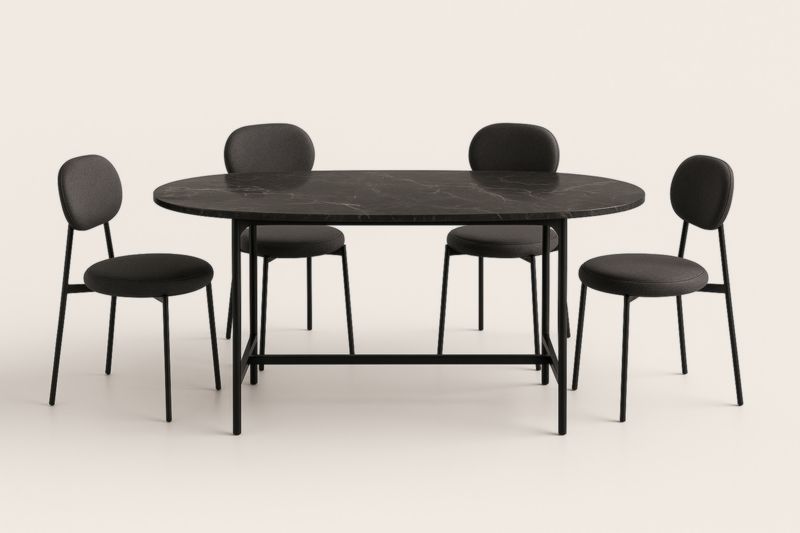 Table Ovale en MDF Noir avec 4 Chaises en Métal et Tissu