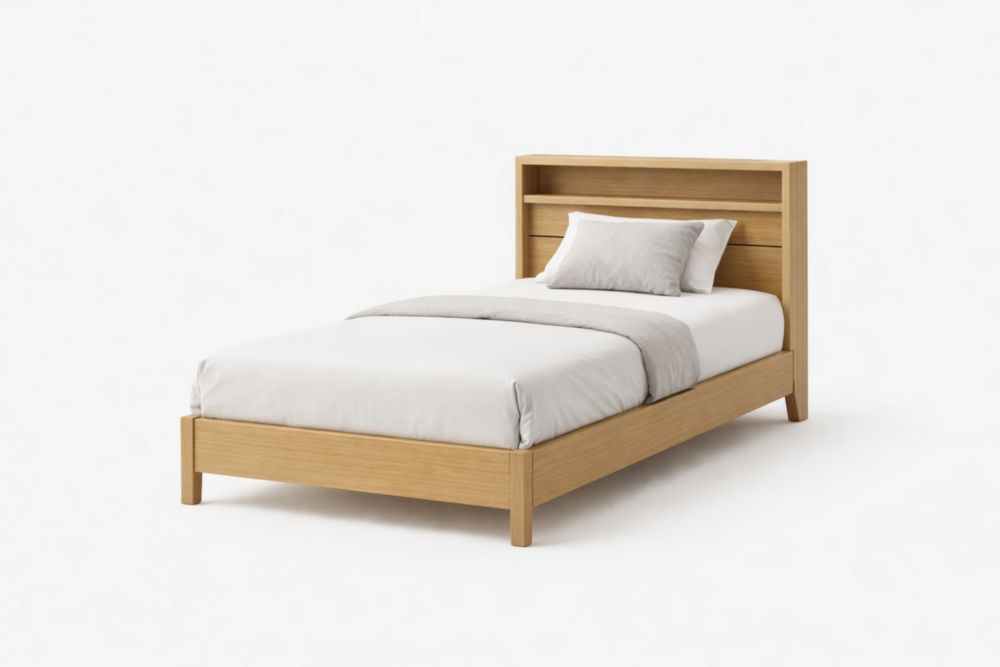 Lit simple en bois chêne avec étagère tête de lit 200x100 cm(L×l)