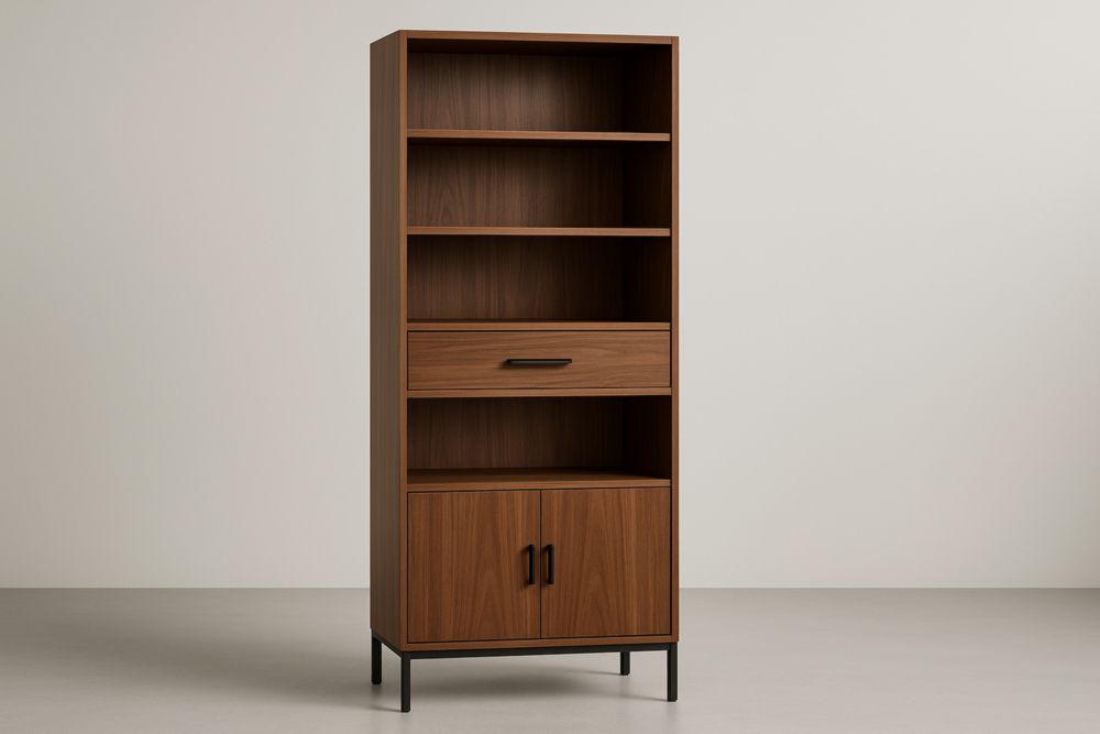 Bibliothèque en panneau de particules avec structure en acier, 4 étagères, 1 tiroir et 2 portes
