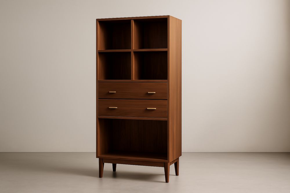Bibliothèque en bois de noyer avec étagères et tiroirs