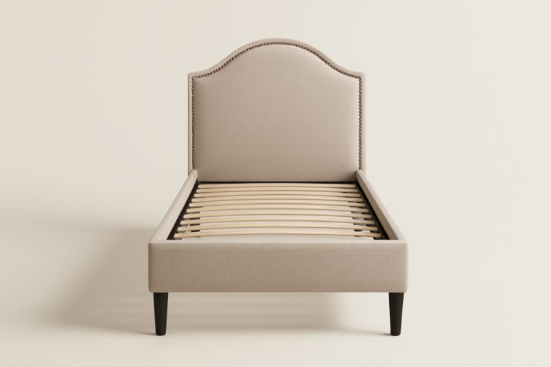 Lit Simple en Tissu avec Tête de Lit Rembourrée et Pieds en Bois