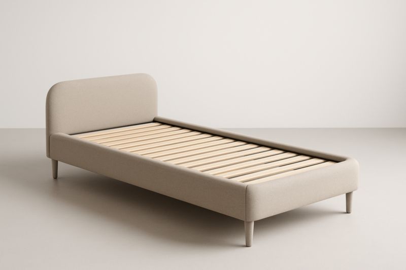 Lit simple beige en tissu polyester avec sommier à lattes – 200×100×85 cm