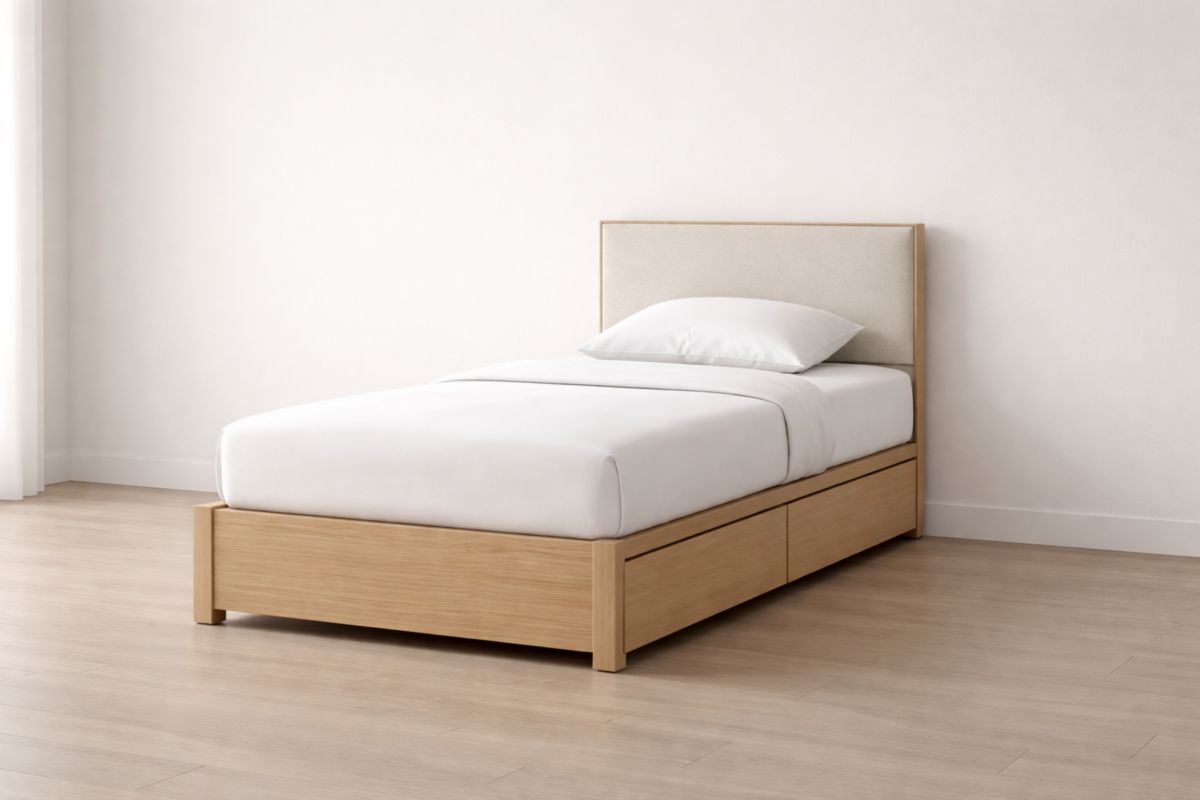 Lit simple en chêne avec tête de lit rembourrée et tiroirs de rangement