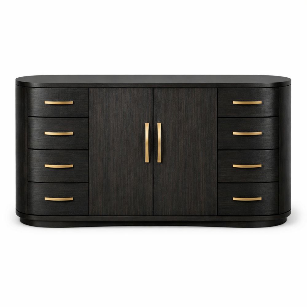 Buffet en Bois Noir avec Tiroirs et Poignées Dorées