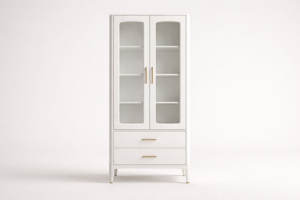 Vitrine blanche en bois massif avec portes vitrées et tiroirs