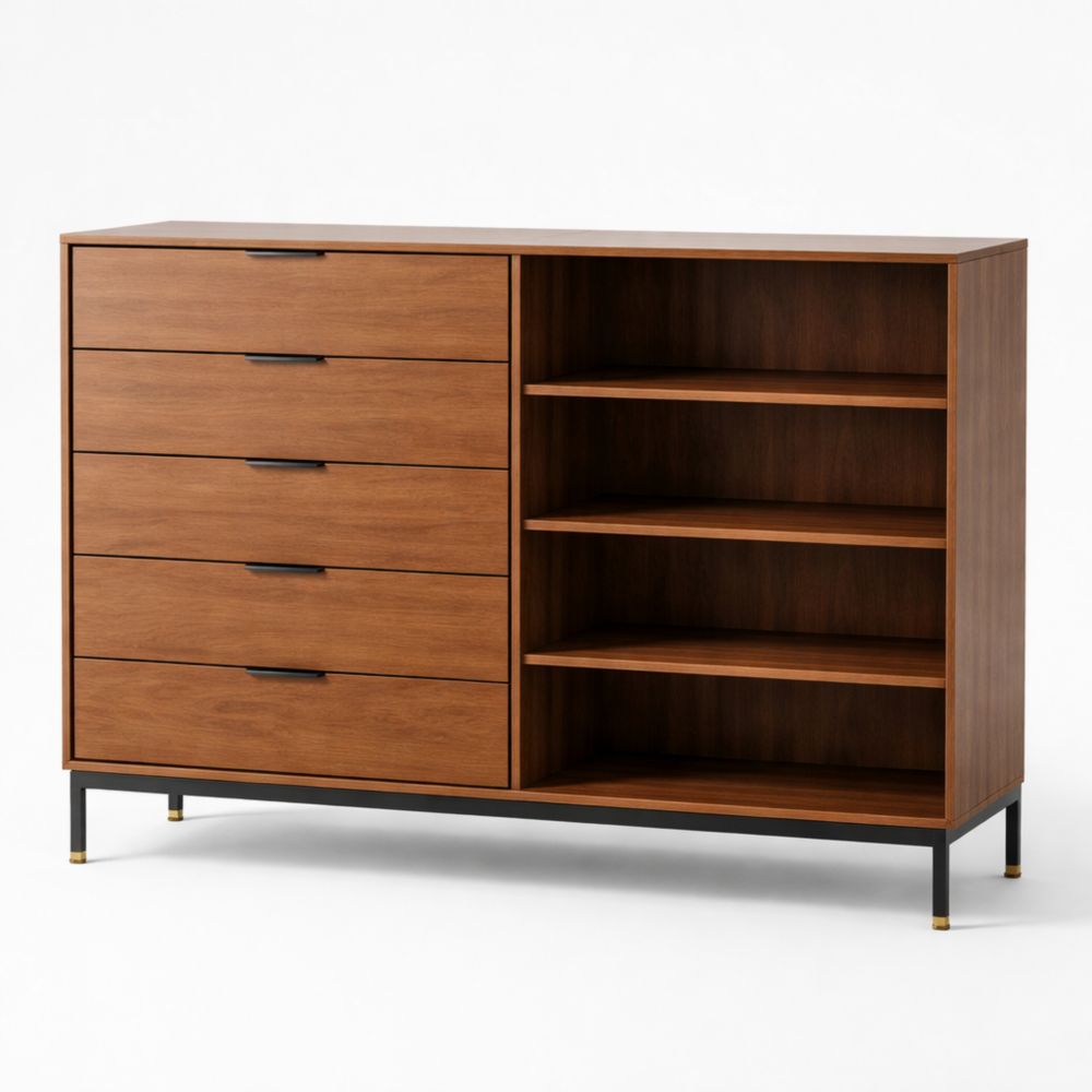 Commode en bois noyer avec étagères et tiroirs en métal 120x40x90 cm