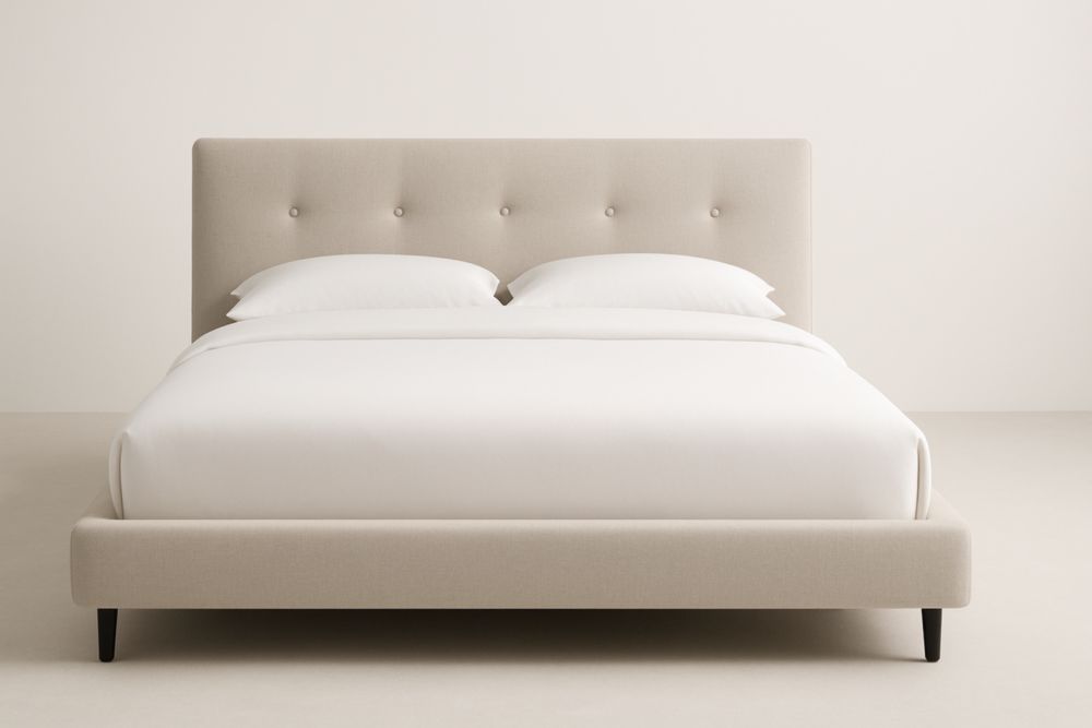 Letto matrimoniale in tessuto poliestere crema con testiera bottonata 200x160 cm(Lu×L)