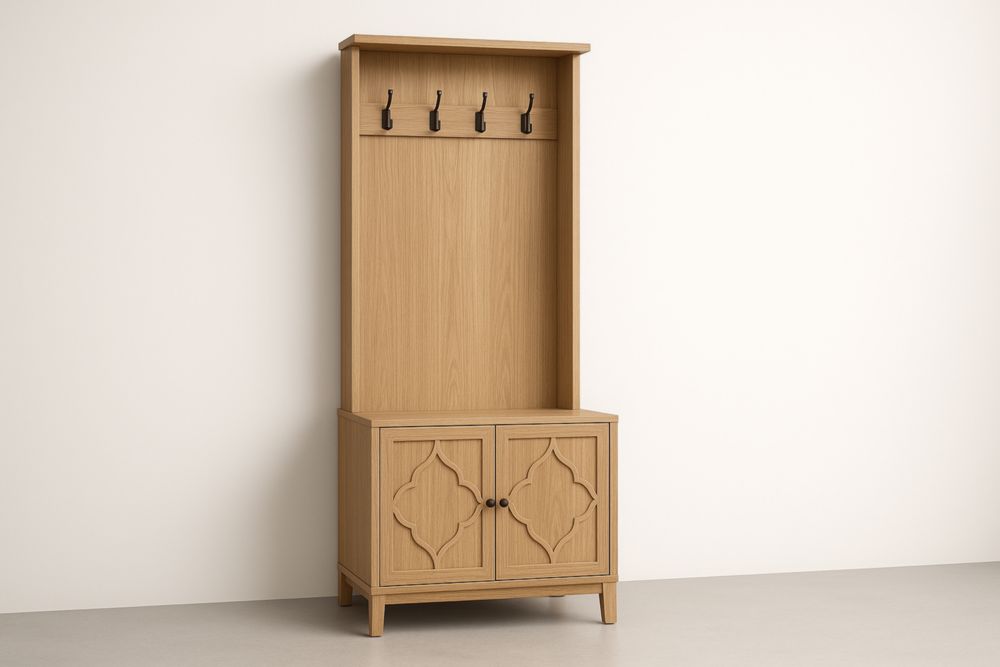 Appendiabiti in Legno di Quercia con Armadietto a Due Ante e 4 Ganci