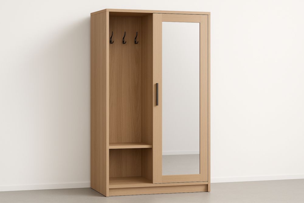 Armadio in Legno Truciolato con Specchio, Ganci e Ripiano Inferiore Aperto