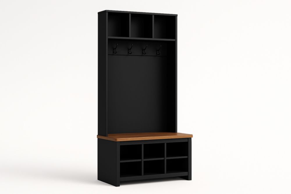 Appendiabiti Ingresso con Panchina in Legno e Ganci in Metallo Nera e Marrone
