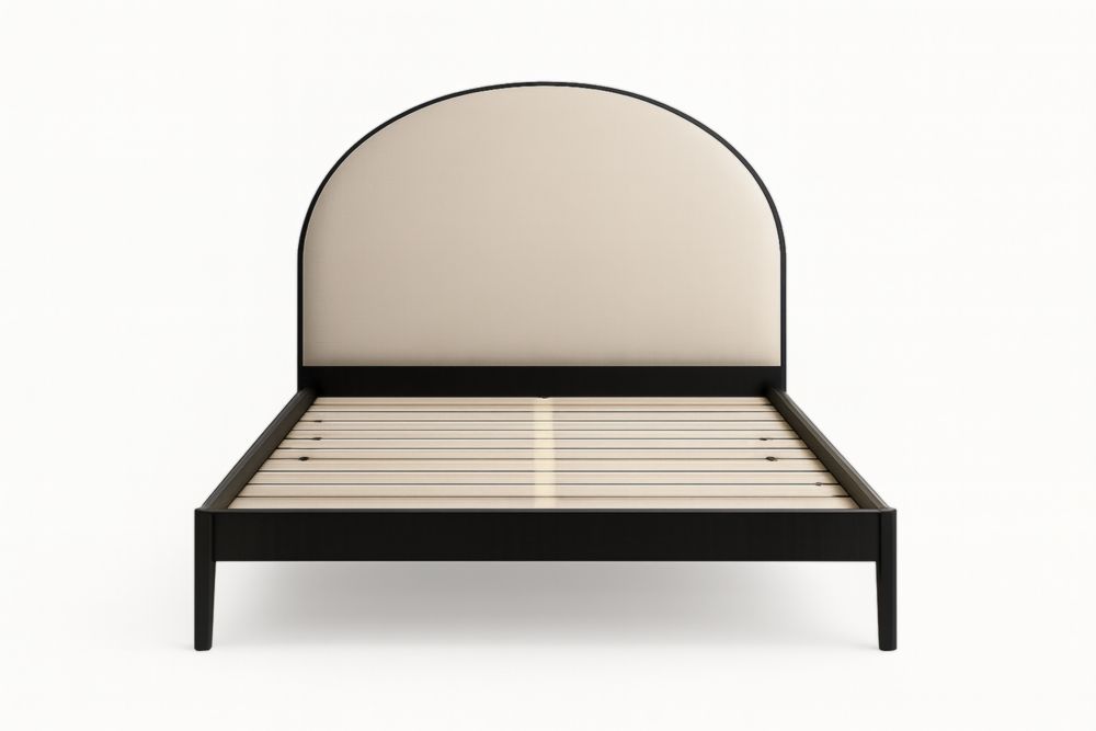 Letto matrimoniale in legno di quercia con testiera imbottita beige 160x200 cm