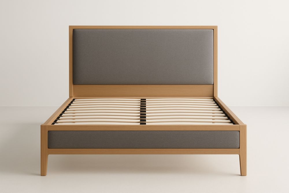 Letto matrimoniale in legno con testiera imbottita in tessuto grigio 200x160x100 cm