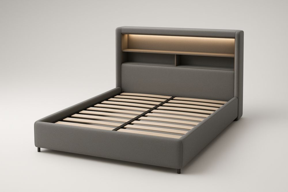 Letto matrimoniale tessuto grigio con testiera libreria 200x160 cm