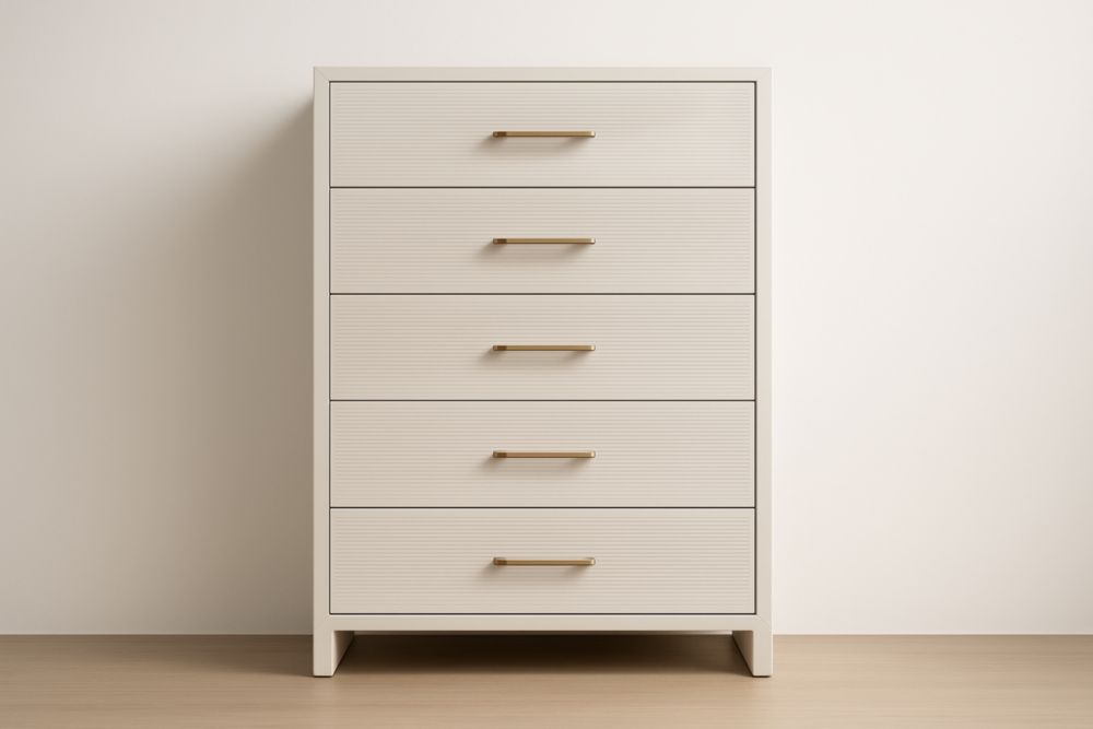 Cassettiera a 5 cassetti in legno composito con maniglie in metallo Bianco