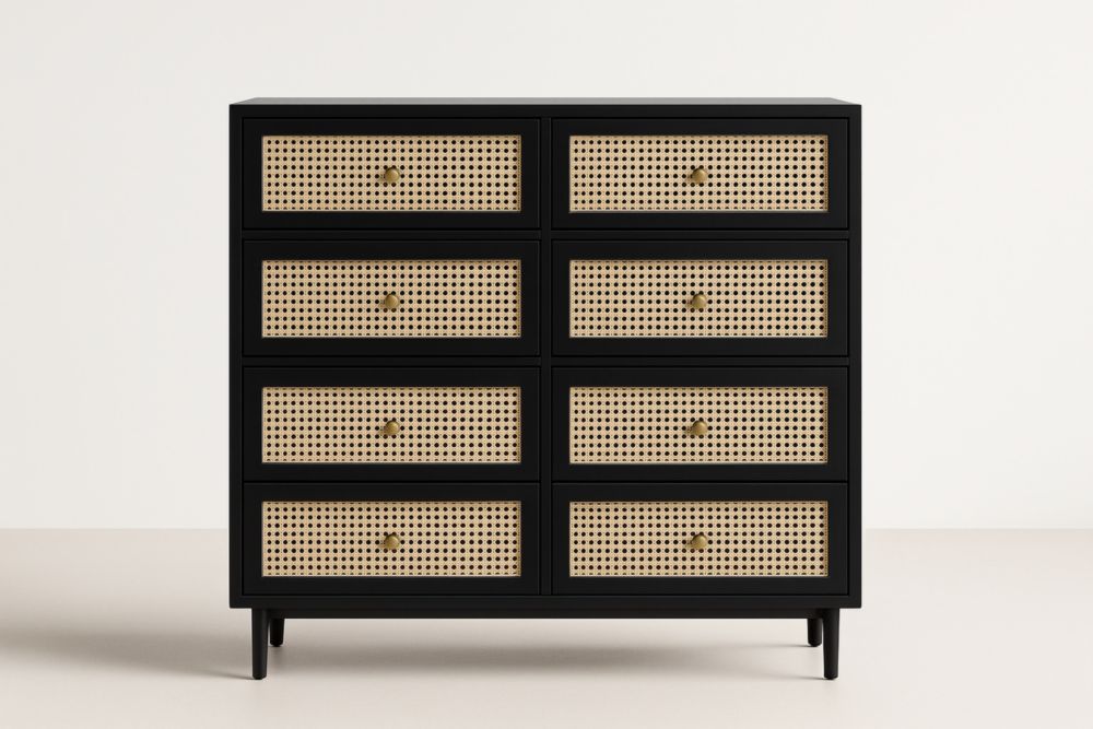 Cassettiera in Legno Nero con 8 Cassetti in Rattan Naturale