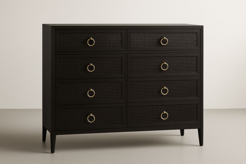 Cassettiera in Legno Nero con 8 Cassetti e Maniglie in Ottone