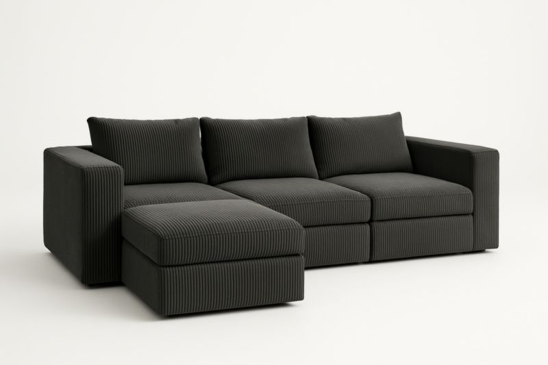 Divano Angolare a Forma di L in Velluto Grigio a Coste 3 Posti con Chaise Longue