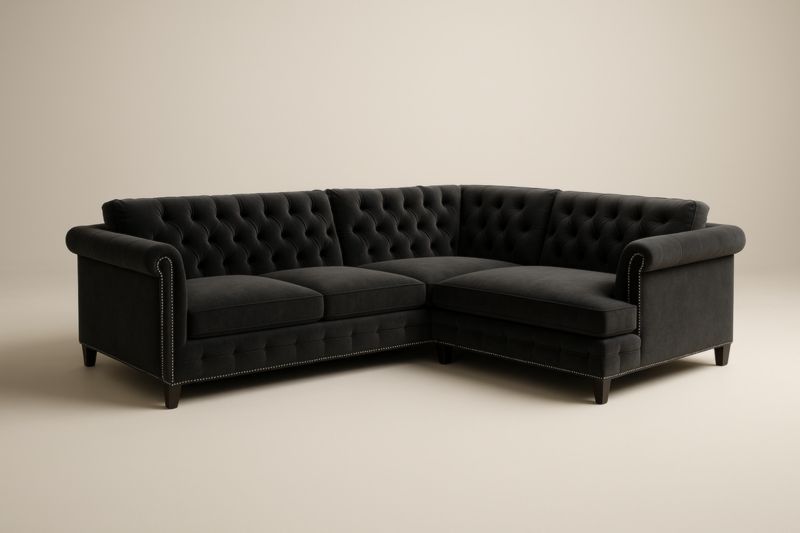 Divano Angolare Nero 300×300 cm in Velluto con Imbottitura in Schiuma e Struttura in Legno di Pino