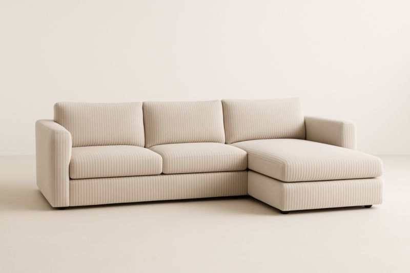 Divano Angolare con Chaise Longue in Tessuto a Strisce Beige