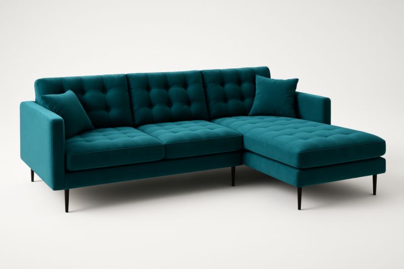 Divano Angolare in Velluto Turchese con Cuscini