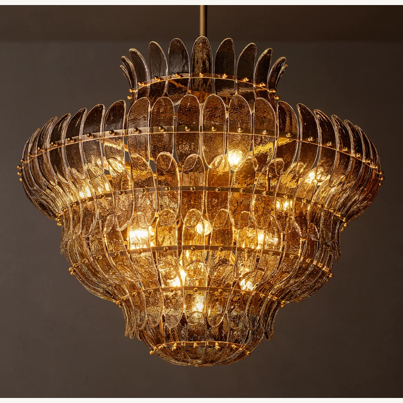 Alieence Smoke Glass Round Chandelier – 36"D – Lacquered Burnished Brass