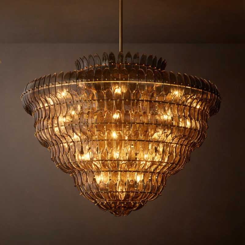 Alieence Smoke Glass Round Chandelier – 60"D – Lacquered Burnished Brass