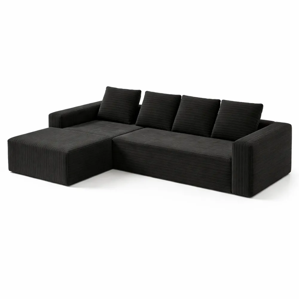 Canapé d'angle L avec méridienne droite en velours côtelé noir, 4 places, profond, moderne, pour salon ou bureau, sans assemblage