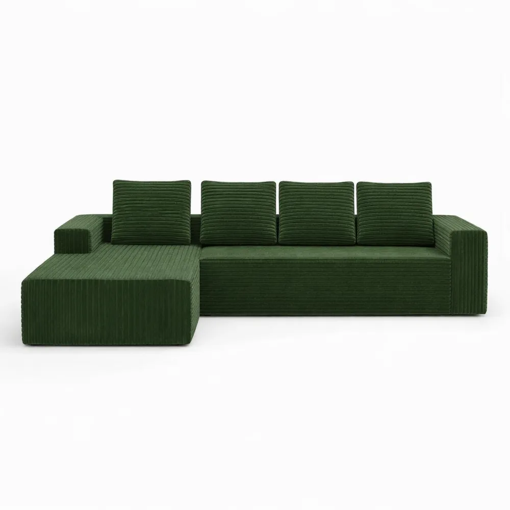 Canapé d'angle en velours côtelé vert pour salon, 4 places avec méridienne droite