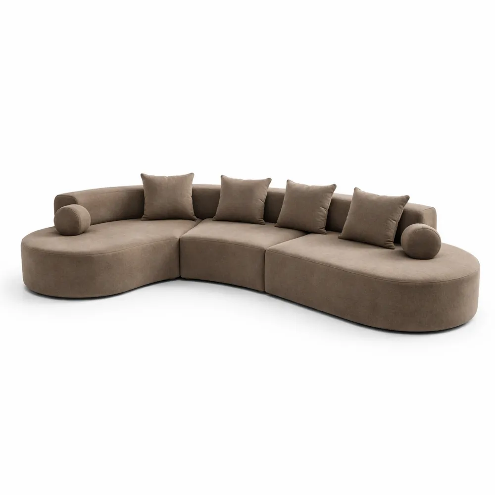 Grand canapé d'angle en L 5 places, design incurvé, profond, en tissu chenille, marron