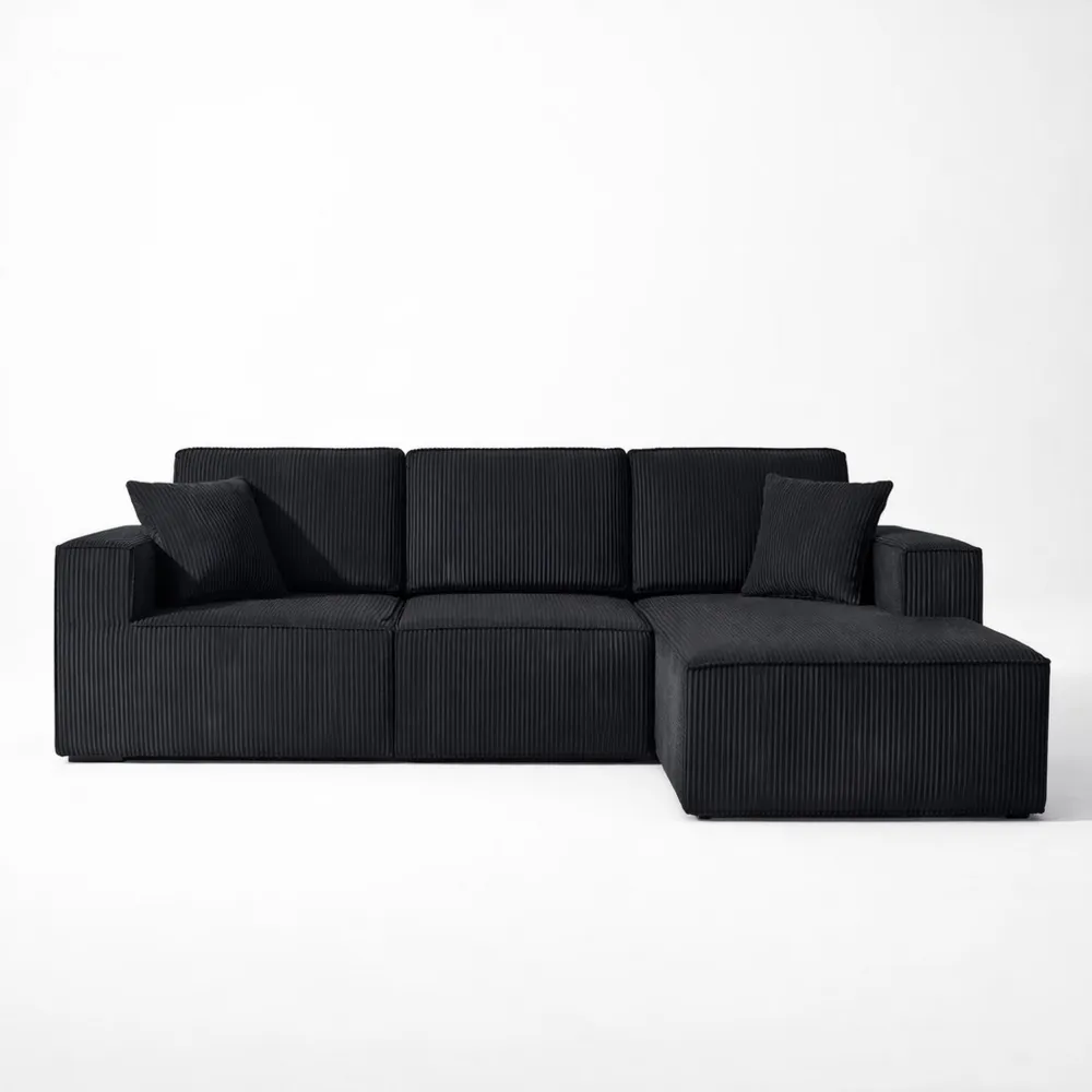 Canapé d'angle modulable en velours côtelé avec méridienne droite, noir