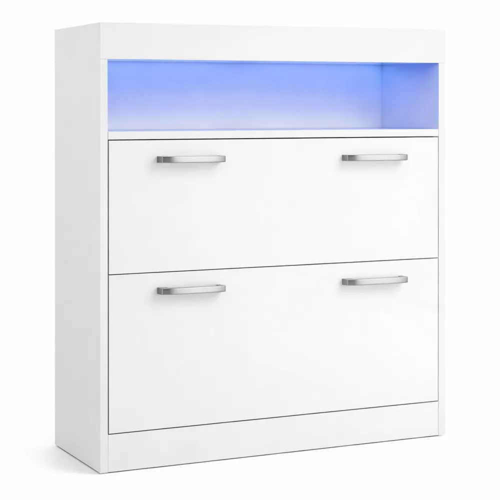 Armoire à chaussures moderne avec éclairage LED, étagère ouverte et tiroirs rabattables pour 12-16 paires