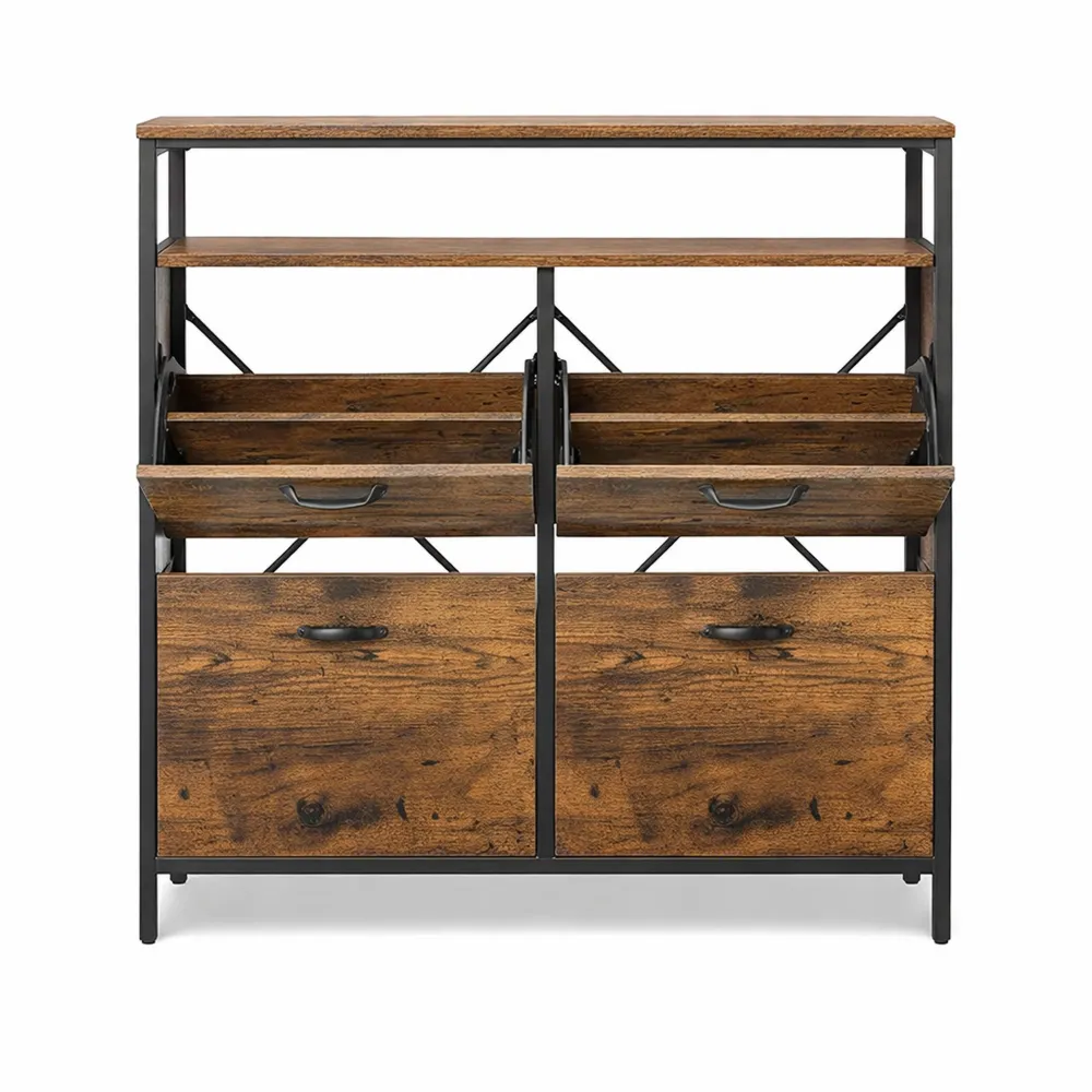 Meuble de Rangement à Chaussures avec 4 Abattants, Capacité 12-20 Paires, Anti-poussière, 30 x 98,3 x 95 cm, pour Entrée, Marron Rustique et Noir