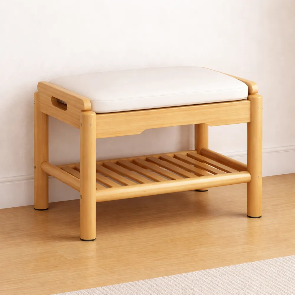 Banc de Rangement pour Chaussures avec Coussin, 2 Étagères, Blanc