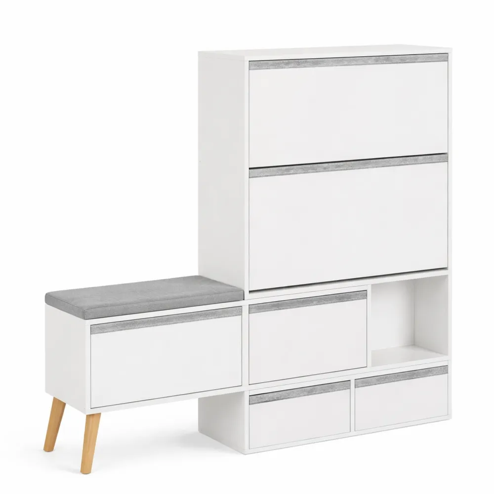 Armoire à Chaussures Multi-Rangement avec Banc et Coussins, 2 Abattants, 2 Portes et Tiroirs