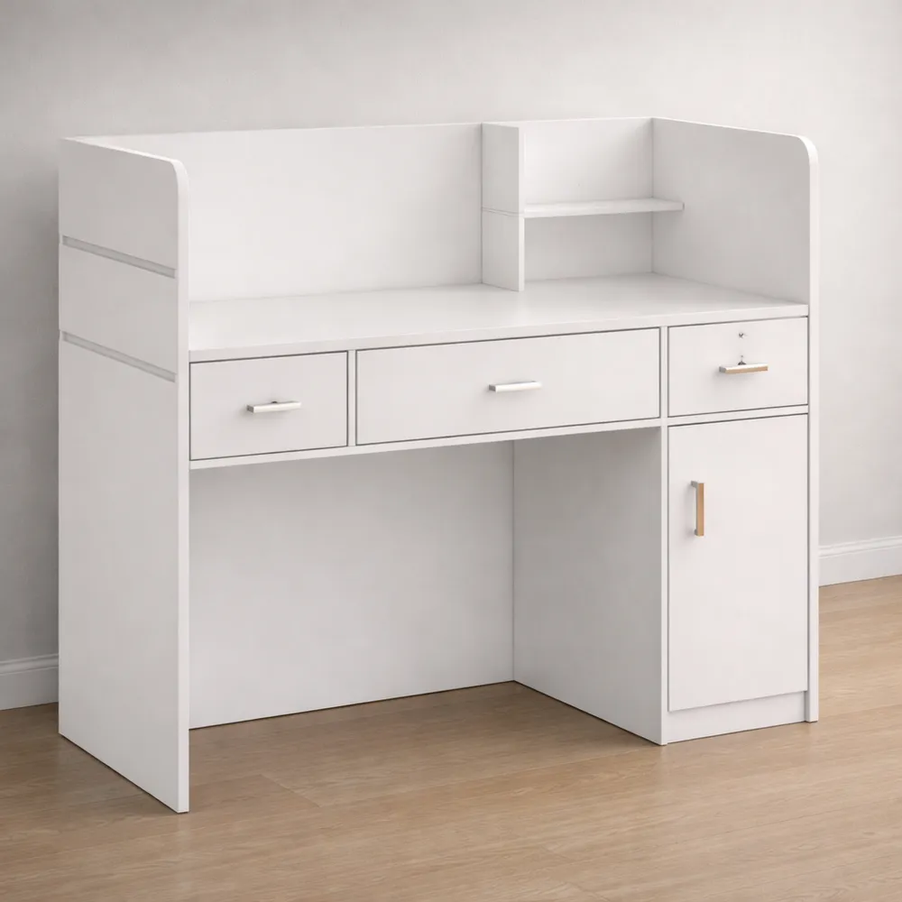 Comptoir de bureau avec trois tiroirs, 110 x 120 x 48 cm, blanc