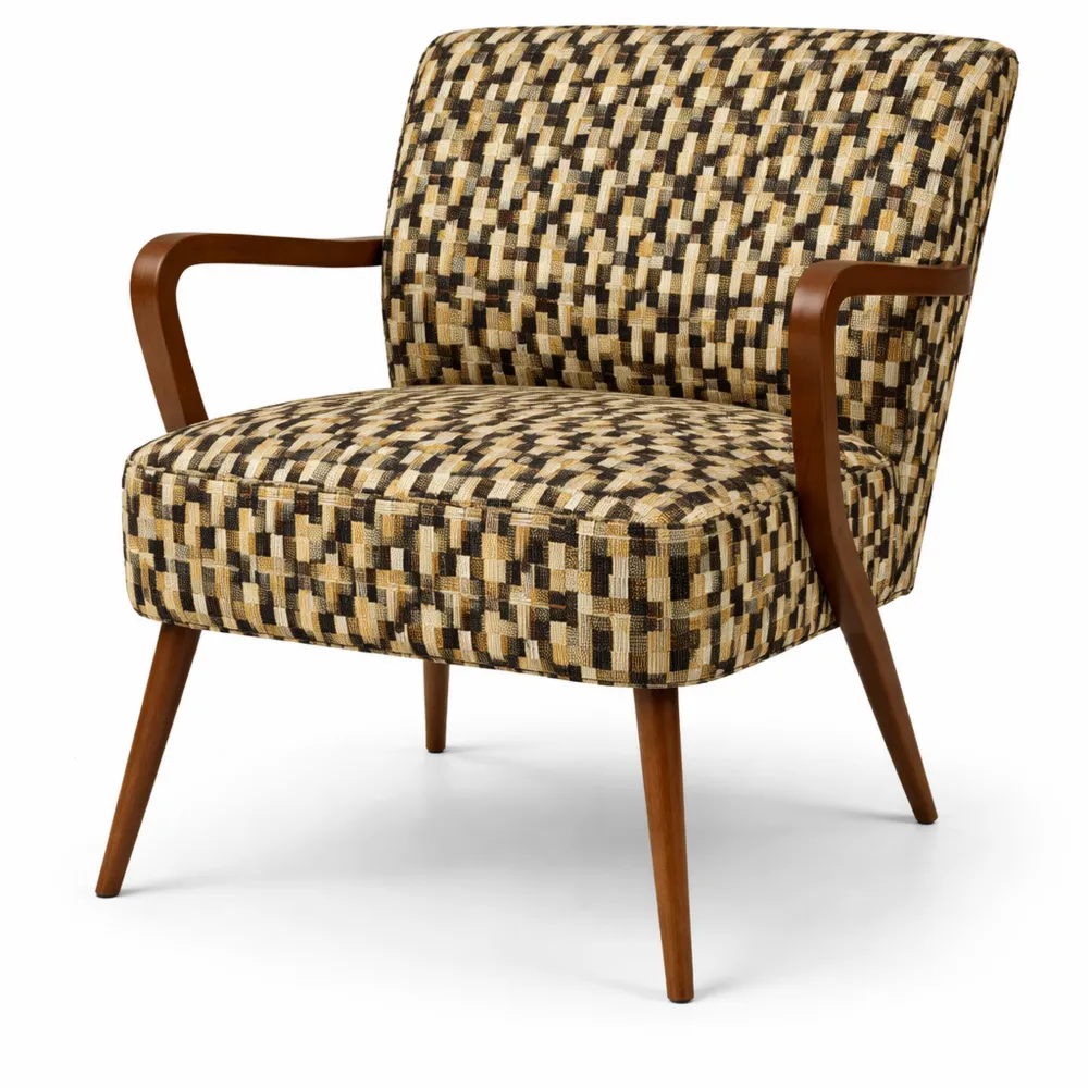 Fauteuil Rétro en Tissu Chenille Noir et Ocre avec Accoudoirs